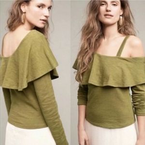 Anthro Postmark Green Ruffle One Shoulder Top